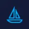 A blue sailboat logo on a dark background A blue sailboat logo on a dark background