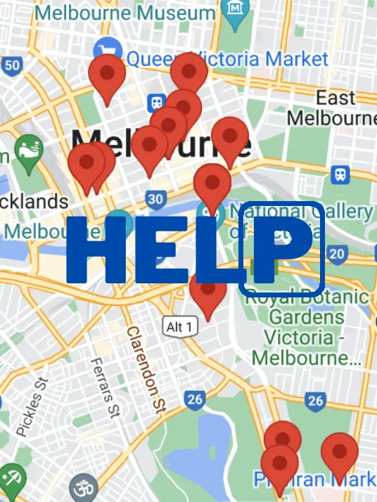 A map showing the locations of help in melbourne