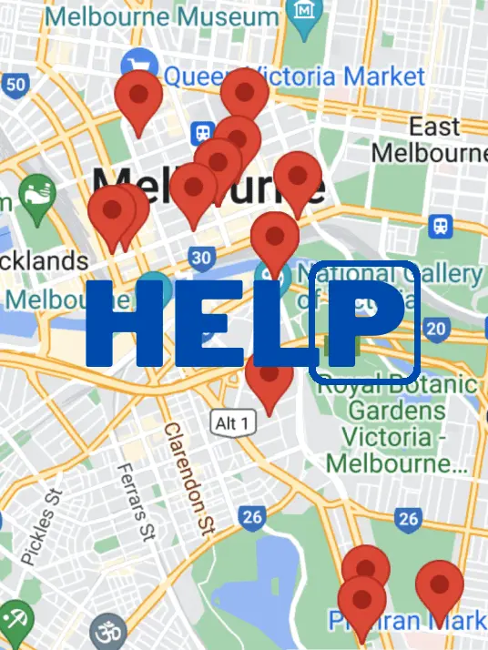A map showing the locations of help in melbourne A map showing the locations of help in melbourne