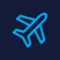 A blue airplane icon on a dark background