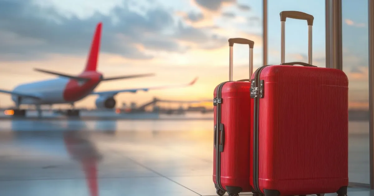 A Plane At Melbourne Airport And Two Red Suitcases A Plane At Melbourne Airport And Two Red Suitcases