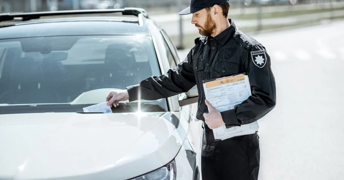 An Officer Issuing A Parking Fine To A Parked Vehicle An Officer Issuing A Parking Fine To A Parked Vehicle